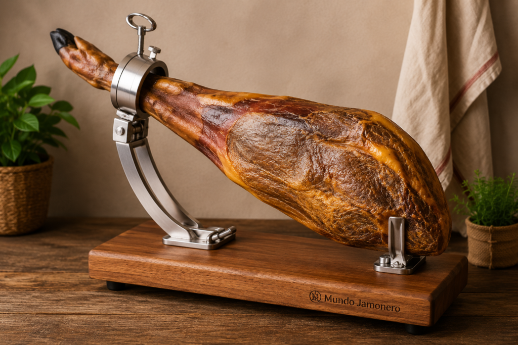 Jamonero de madera con un jamón colocado correctamente para realizar un corte seguro y preciso.
